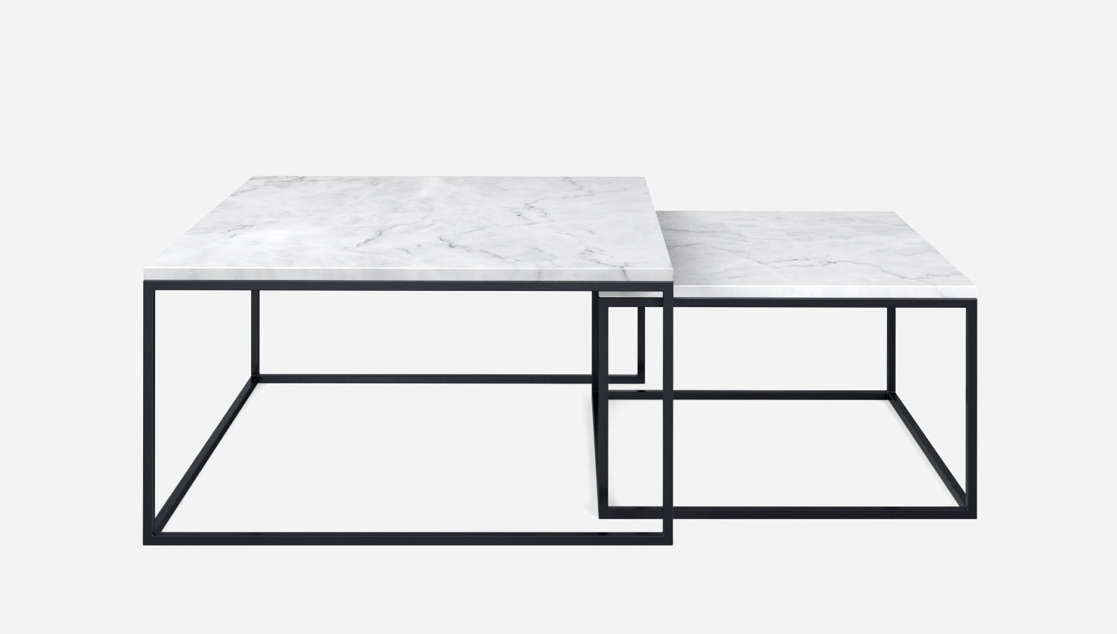 Square marble coffee table set in Bianco Carrara white with glossy finish, featuring modern design and sturdy construction.