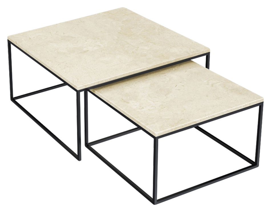 Square marble coffee table set in Crema Marfil beige with glossy finish, featuring modern design and sturdy construction.