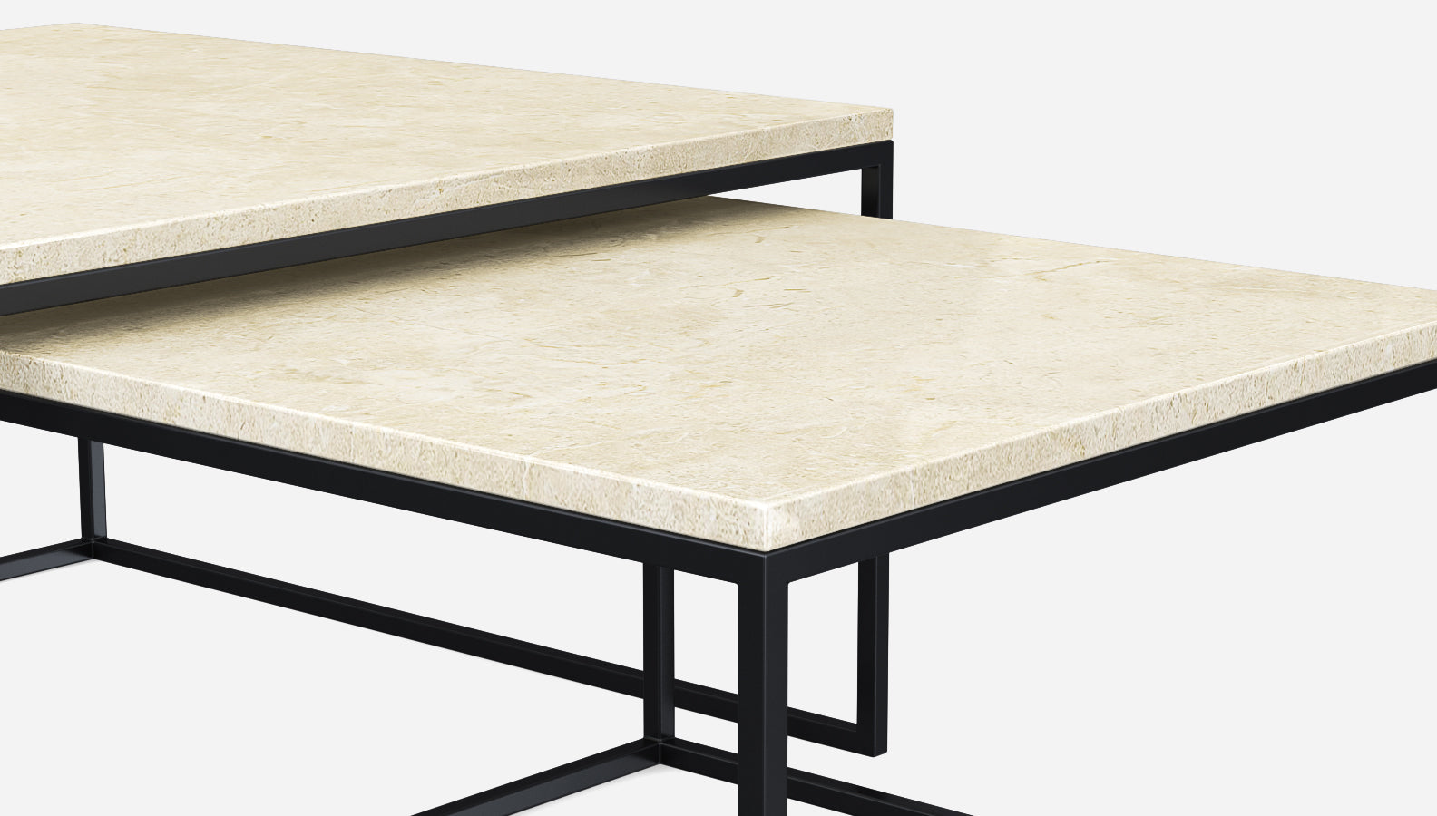 Square marble coffee table set in Crema Marfil beige with glossy finish, featuring two elegant beige marble tables.