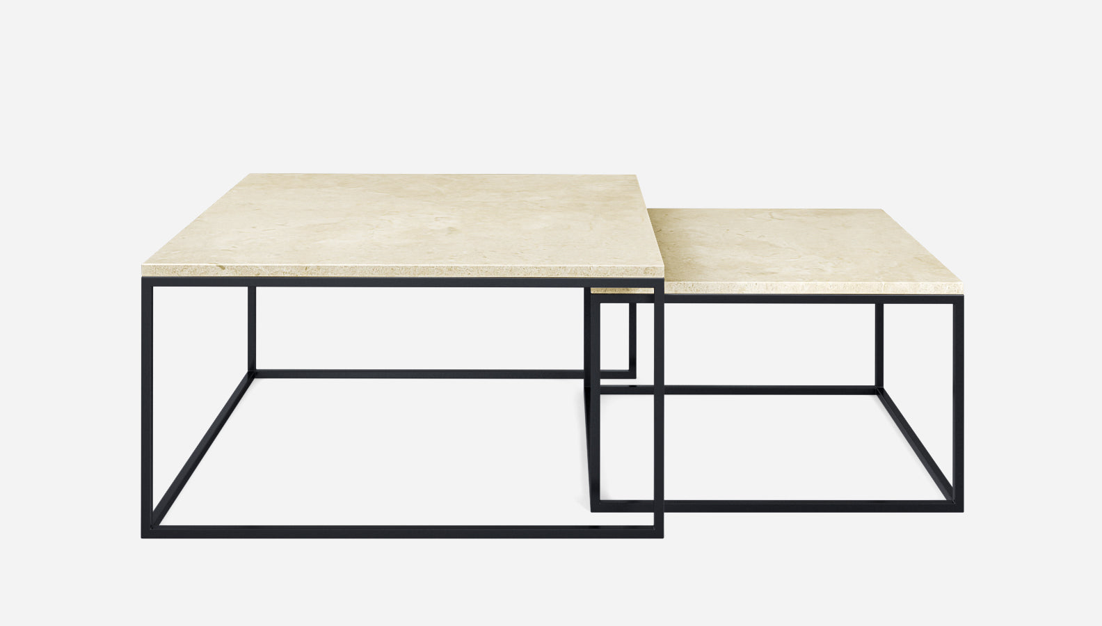 Square marble coffee table set in Crema Marfil beige with glossy finish, featuring two modern tables with sleek design.