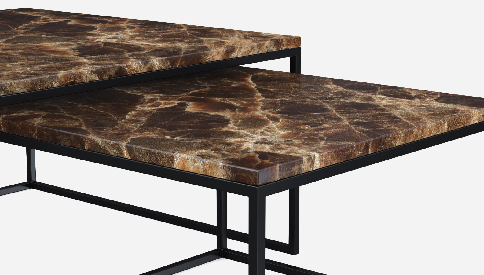 Square marble coffee table set in dark Emperador brown with glossy finish, featuring modern design and sturdy construction.