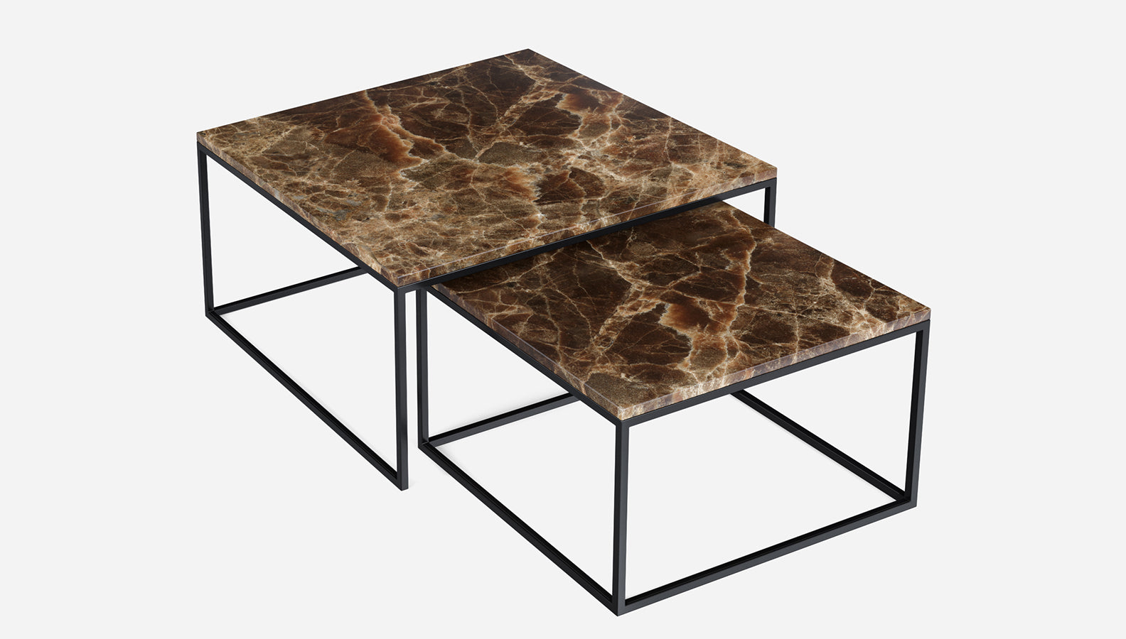 Dark Emperador brown marble square coffee table set with glossy finish, modern design, by My Store.