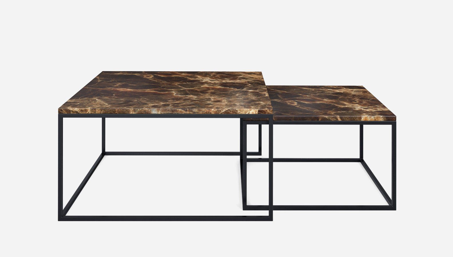 Square marble coffee table set with dark Emperador brown glossy finish, featuring modern design and sturdy build.