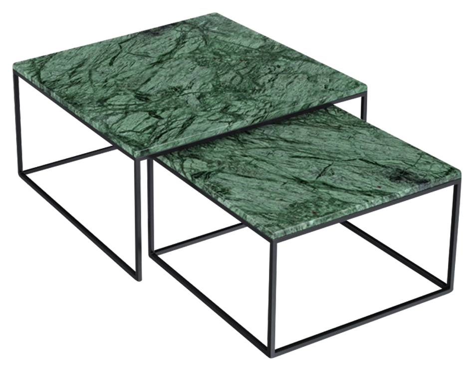 Square marble coffee table set in glossy India Green with a modern design, featuring two matching tables with sleek surfaces.