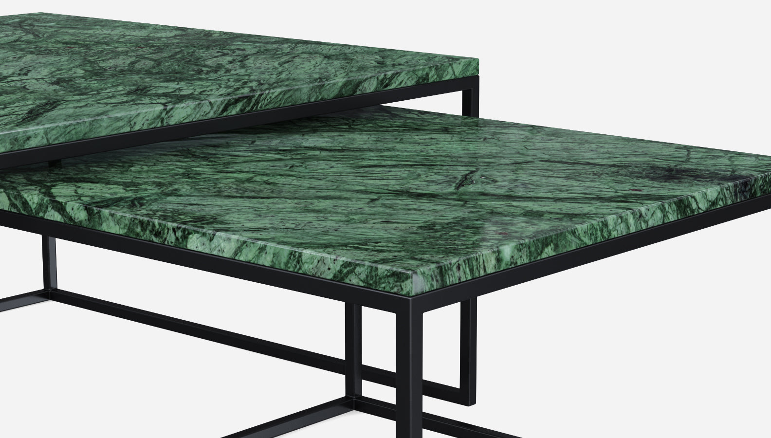 Square marble coffee table set in India Green with glossy finish, featuring two modern, square-shaped tables.