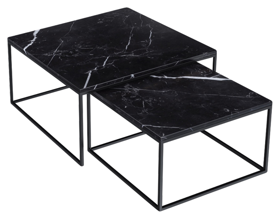 Square Nero Marquina marble coffee table set with glossy black finish, featuring two modern square tables for living room decor.
