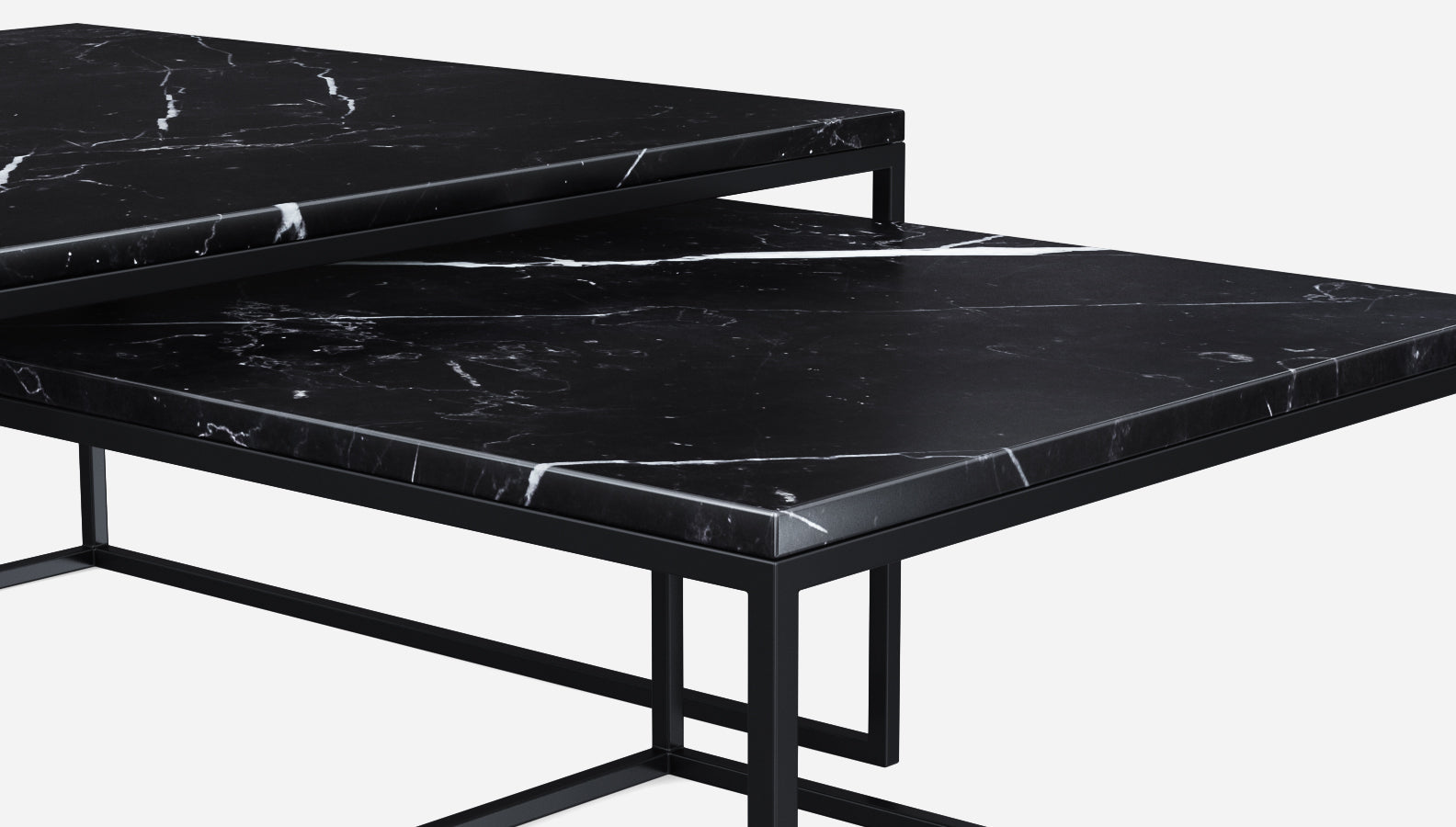 Square marble coffee table set in Nero Marquina black with glossy finish, featuring modern design and clean lines.