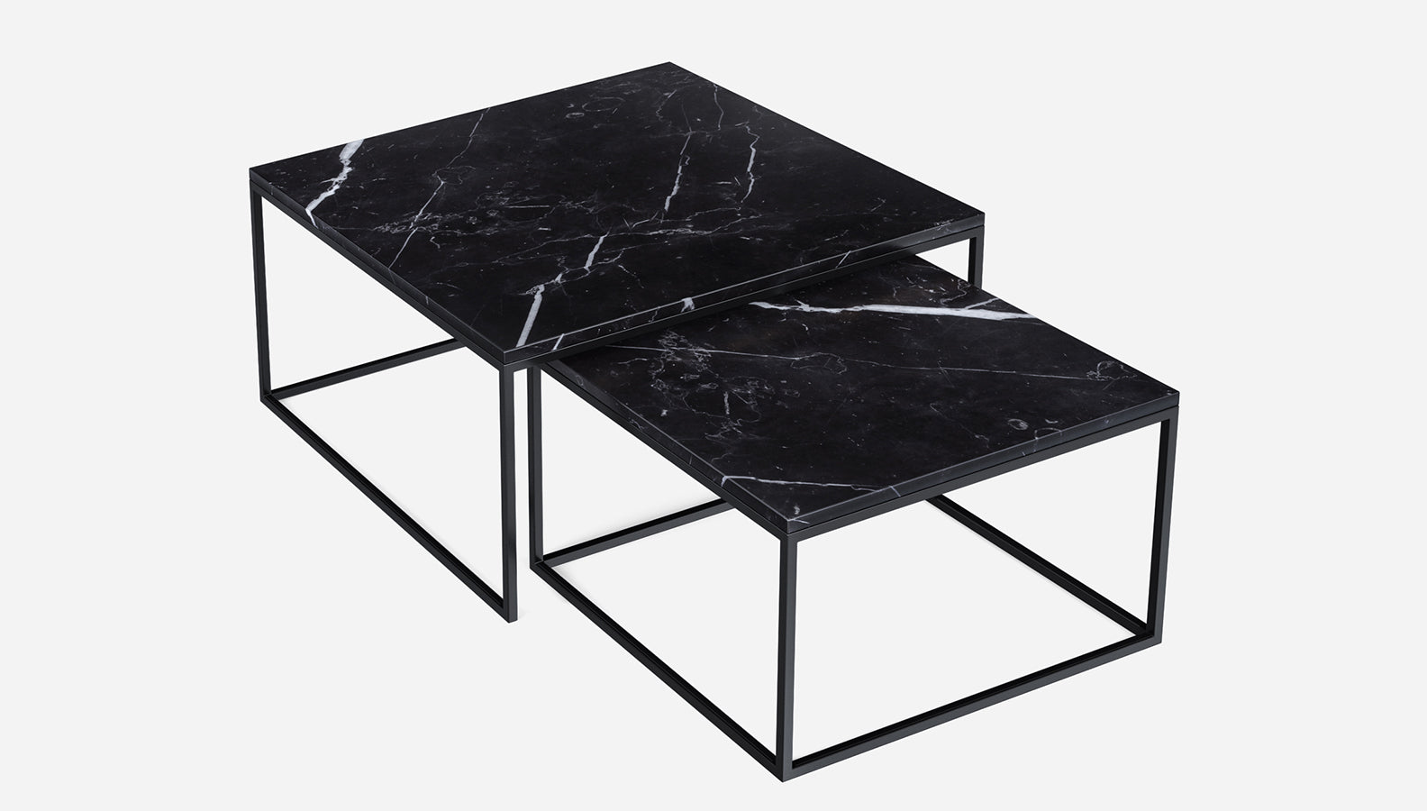 Set of two glossy black Nero Marquina marble square coffee tables, 60-80 cm, modern design, by My Store.