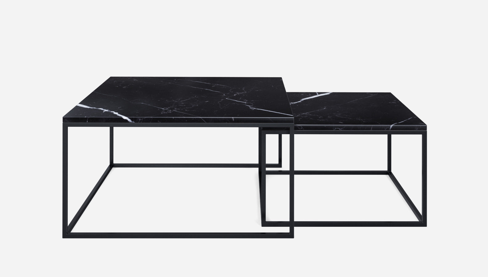 Set of two glossy Nero Marquina black square marble coffee tables, modern design, with sleek black and white veined surfaces.
