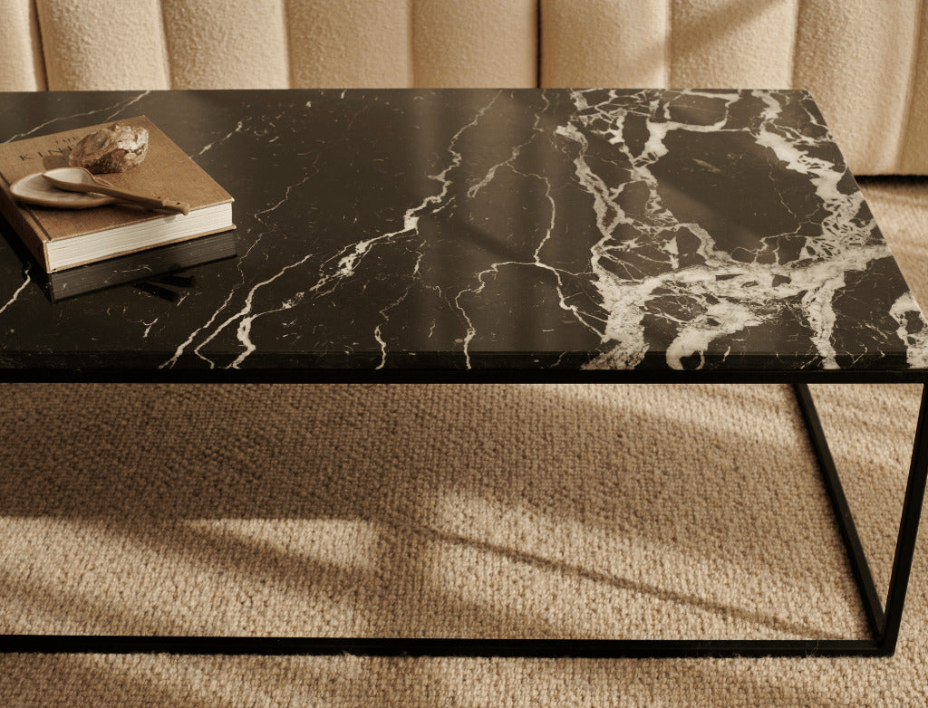 Square Nero Marquina black marble coffee table set with glossy finish, featuring modern square design and sleek black marble surfaces.