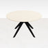 Round oak dining table with ash white finish and arched frame, showcasing a smooth, circular surface perfect for dining spaces.