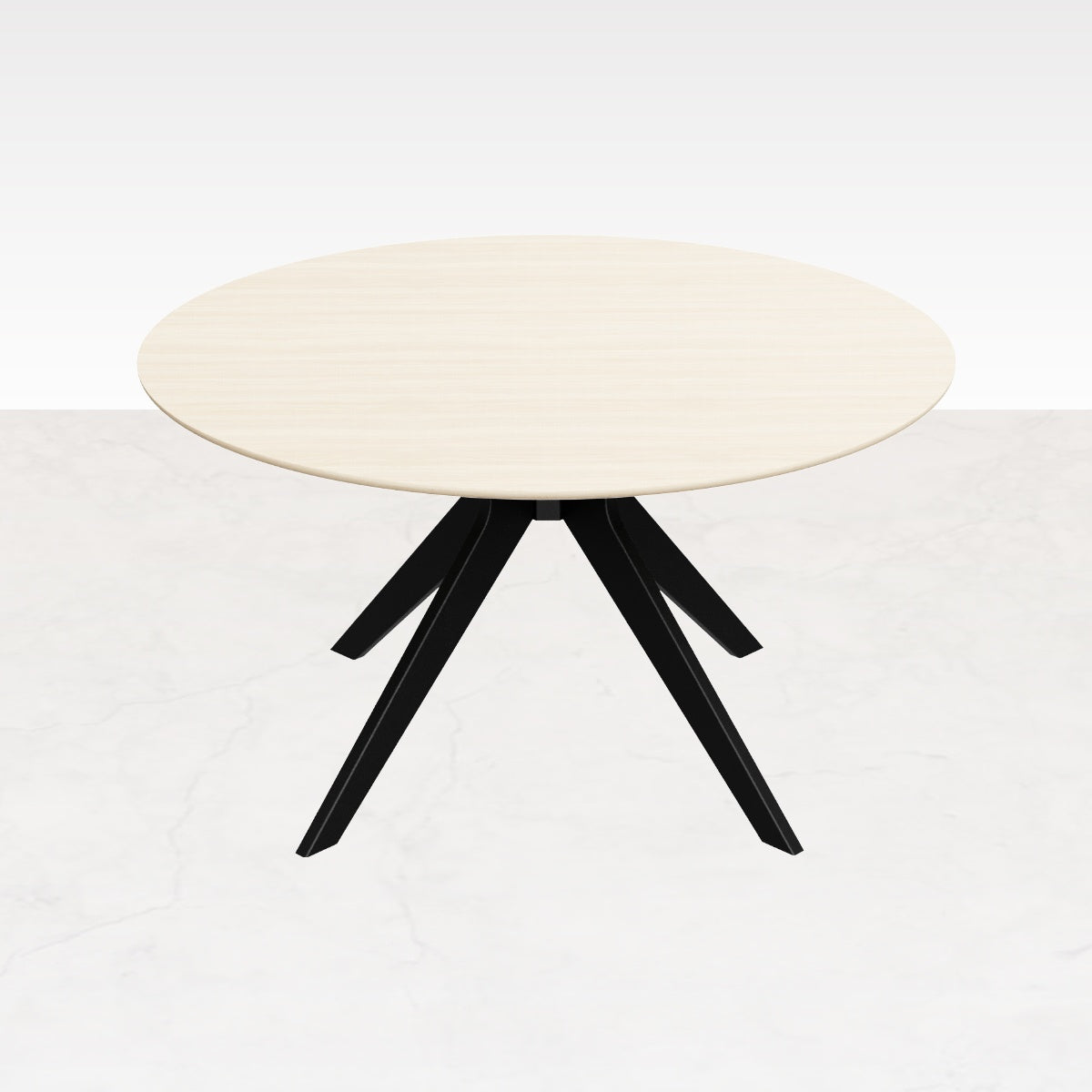 Round oak dining table with ash white finish and arched frame, showcasing a smooth, circular surface perfect for dining spaces.