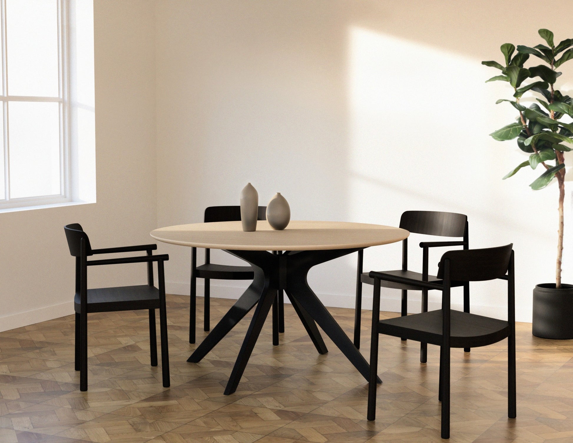 Round oak dining table with ash white finish and arched frame, showcasing a sleek, modern design for dining spaces.