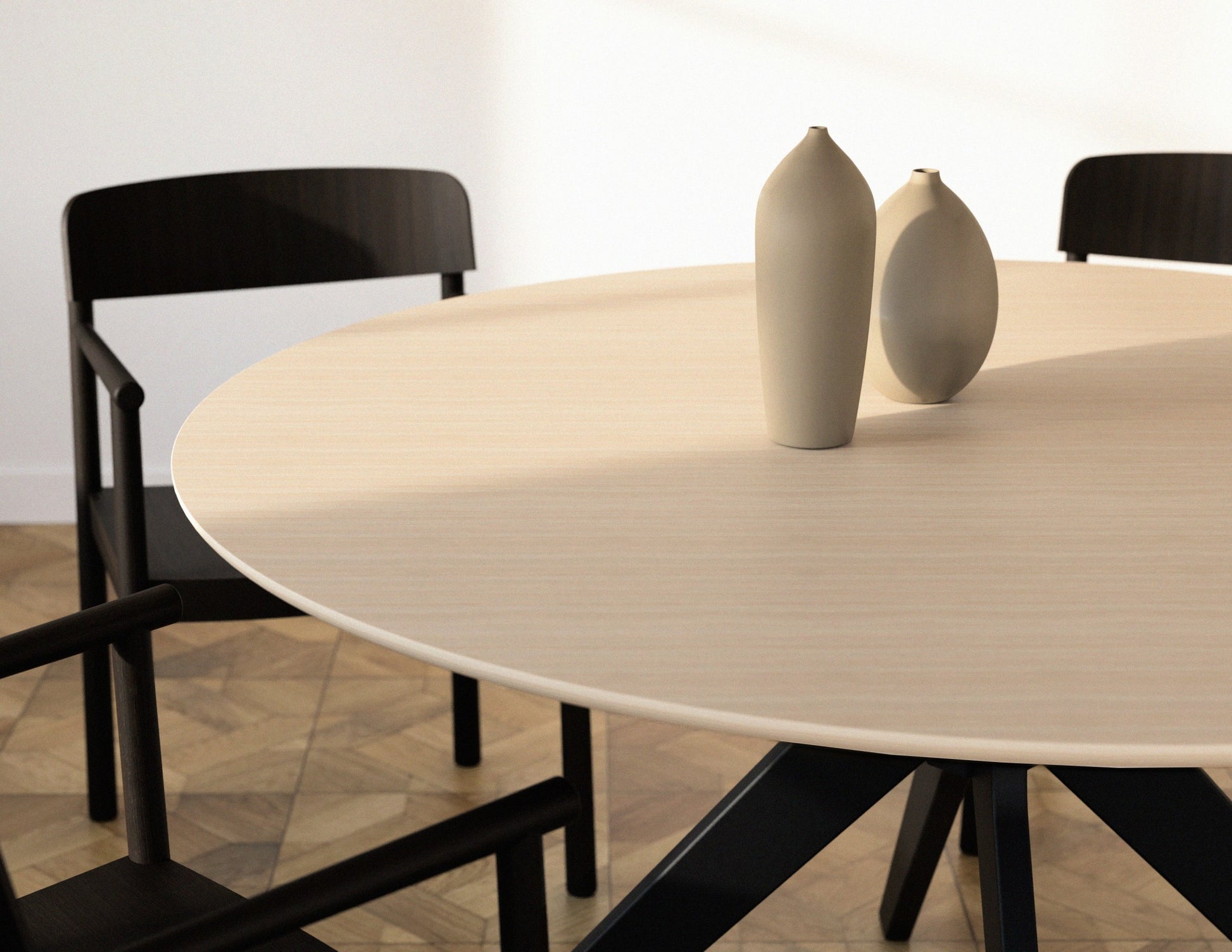 Round oak dining table with ash white finish and arched frame, showcasing a sleek, modern design for contemporary dining spaces.
