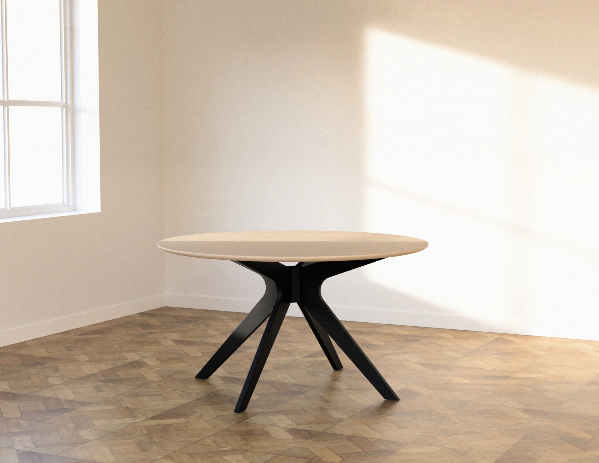 Round oak dining table with ash white finish and arched frame, showcasing a sleek circular design suitable for modern dining rooms.