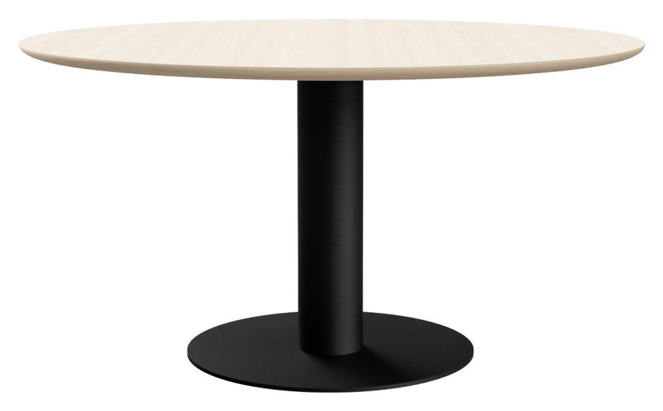 Round oak dining table with ash white finish and central leg, ideal for modern dining rooms.