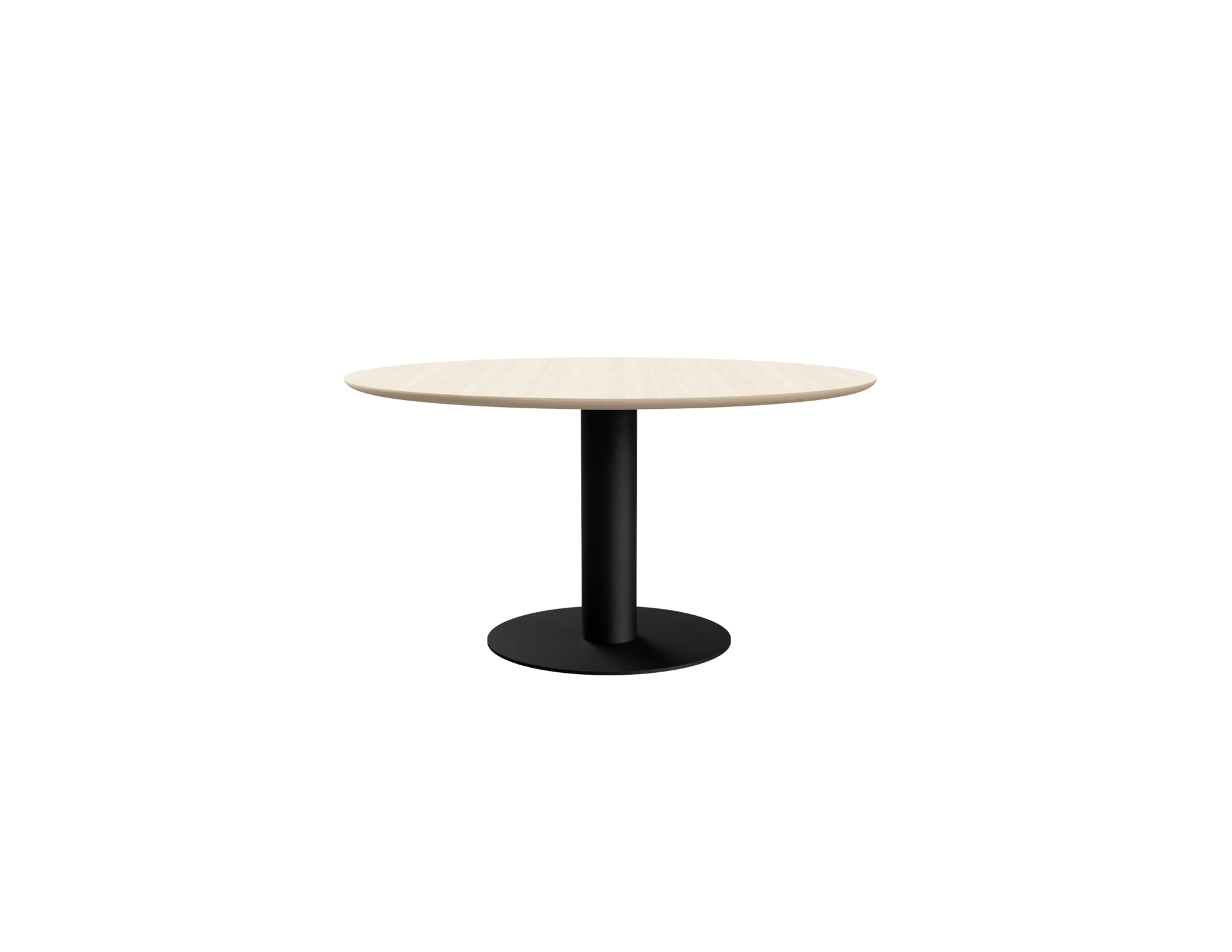 Round oak dining table with ash white finish and center leg, perfect for contemporary dining spaces.