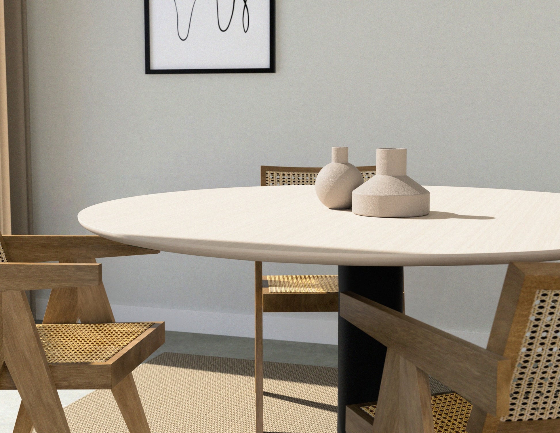 Round oak dining table with ash white finish and central leg, perfect for contemporary dining rooms.