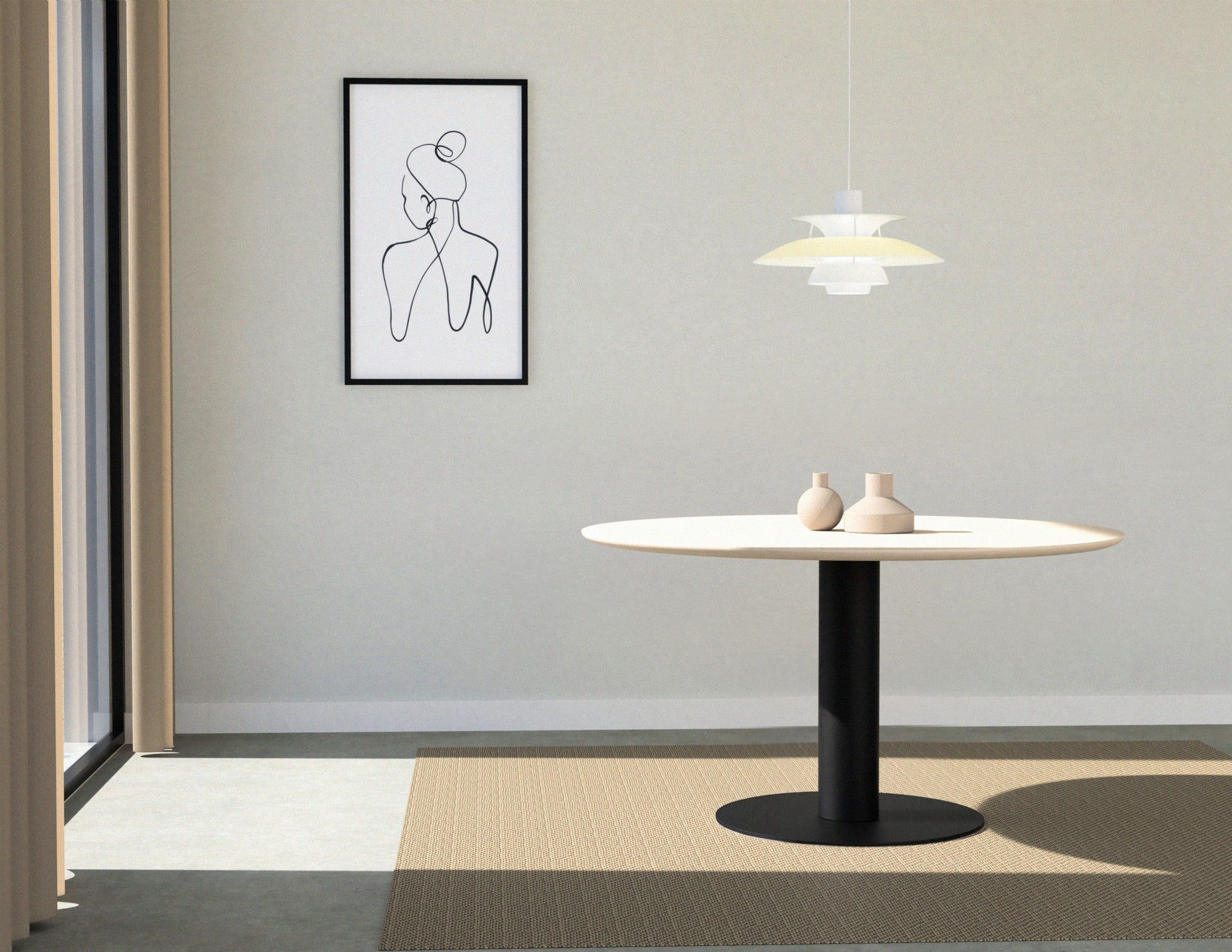 Round oak dining table with ash white finish and central leg, perfect for modern dining rooms.