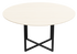 Round oak dining table with white finish and cross metal frame, perfect for modern dining rooms.