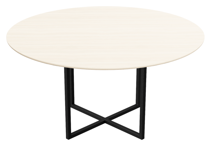 Round oak dining table with white finish and cross metal frame, perfect for modern dining rooms.
