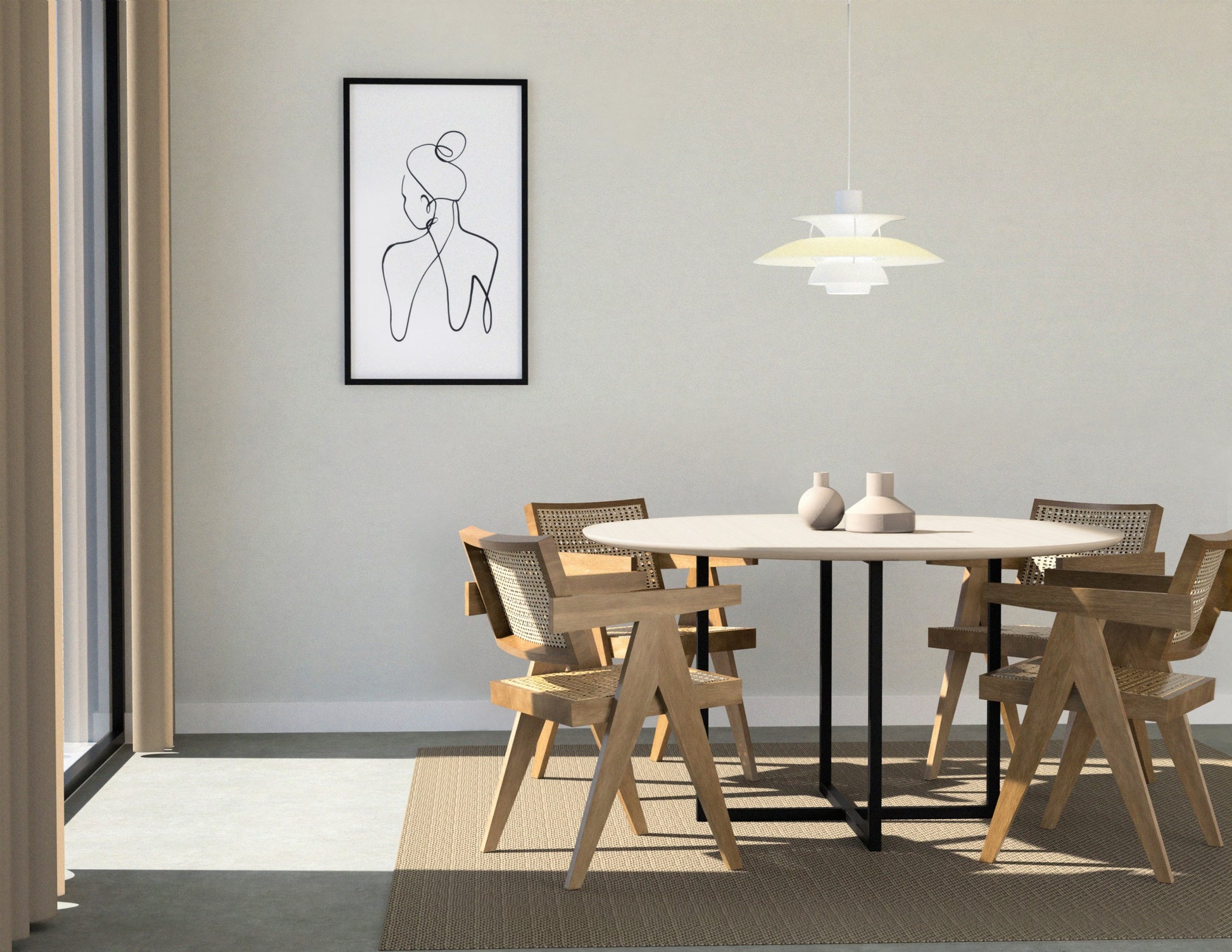 Round oak dining table with ash white finish and cross frame design, showcasing a modern, sturdy wood table for dining rooms.