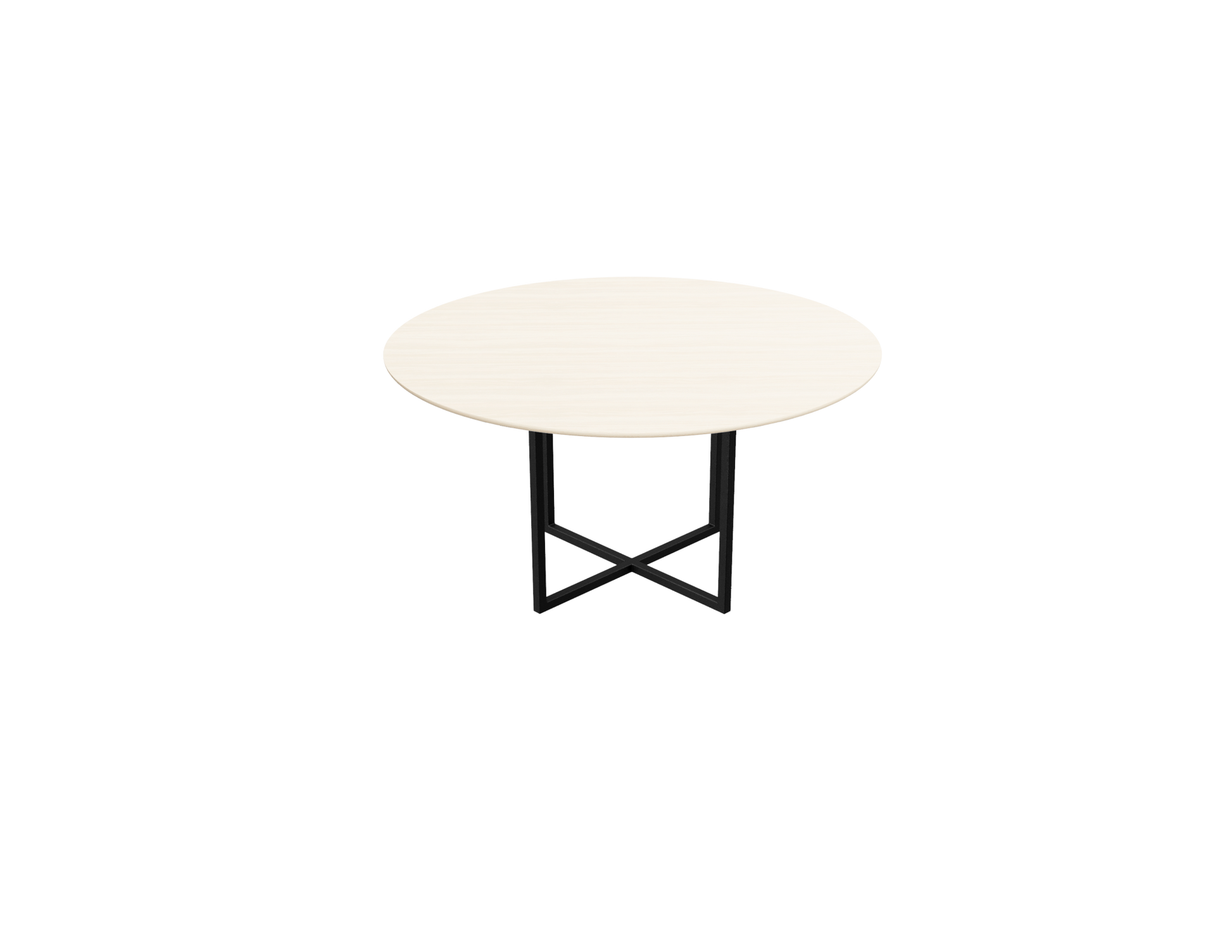 Round oak dining table with ash white finish and cross frame design, ideal for modern dining rooms.