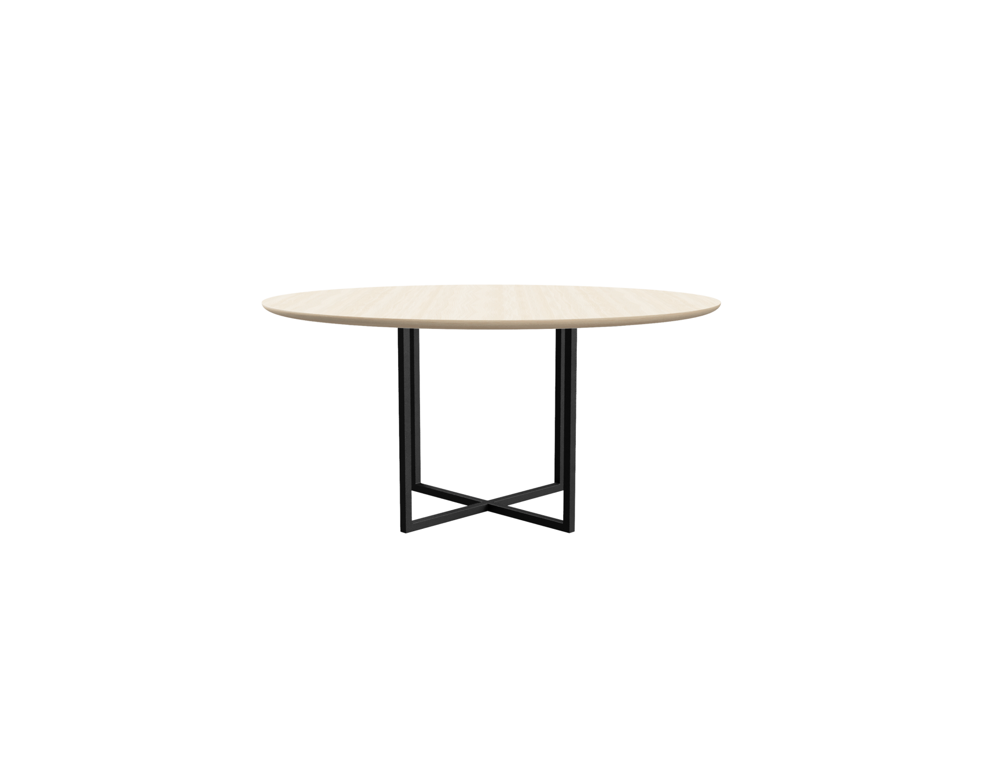 Round oak dining table with ash white finish and cross frame design, ideal for modern dining rooms