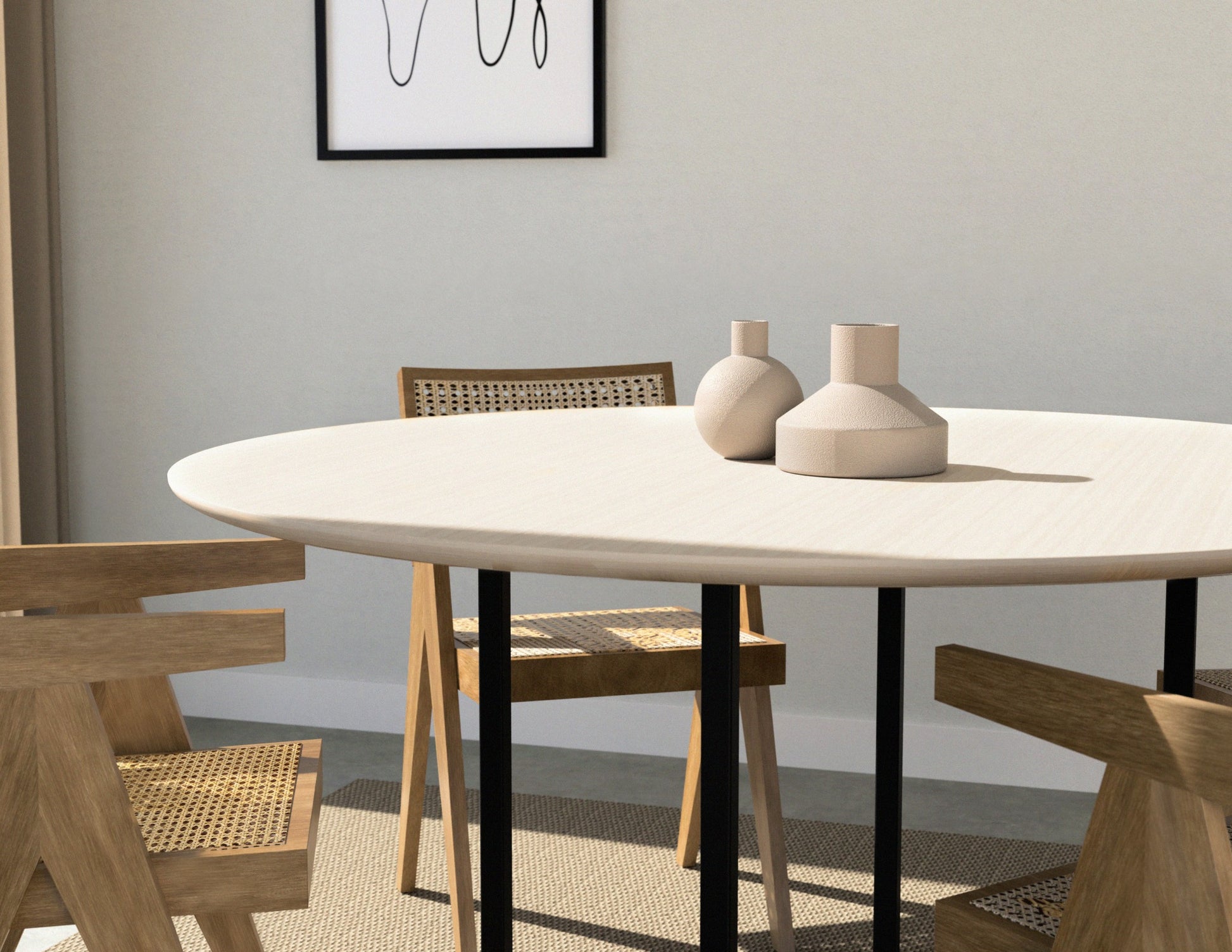 Round oak dining table with ash white finish and cross frame design, featuring a smooth, polished surface and sturdy wooden legs.