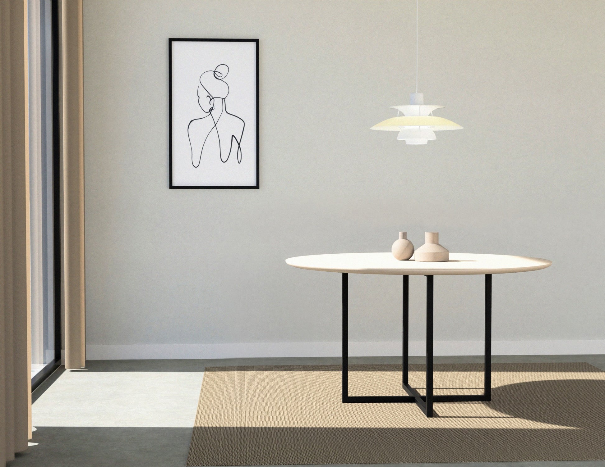 Round oak dining table with ash white finish and cross frame design, featuring a sleek and modern look.