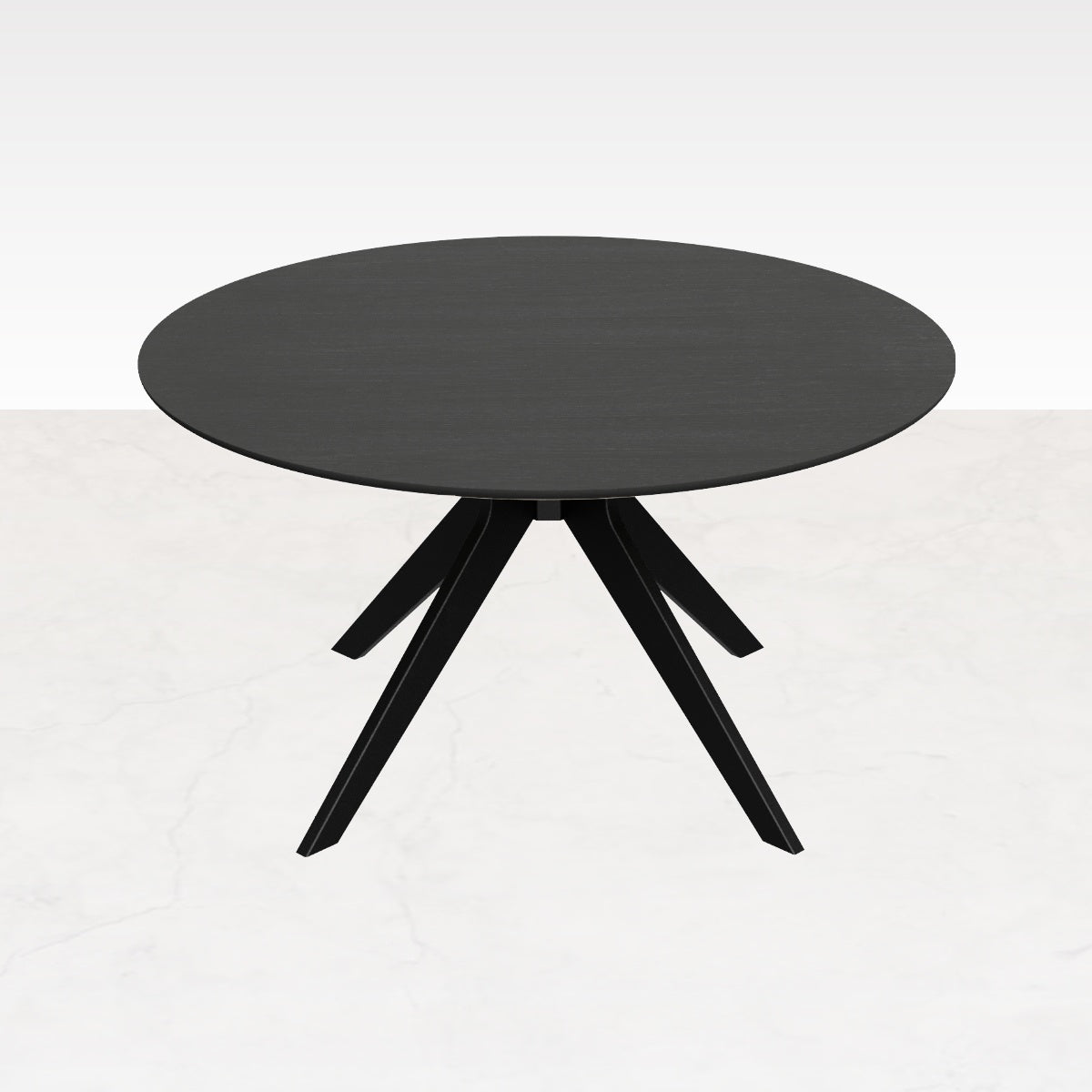 Round oak dining table with arched charcoal frame, showcasing the smooth wooden surface and modern design.