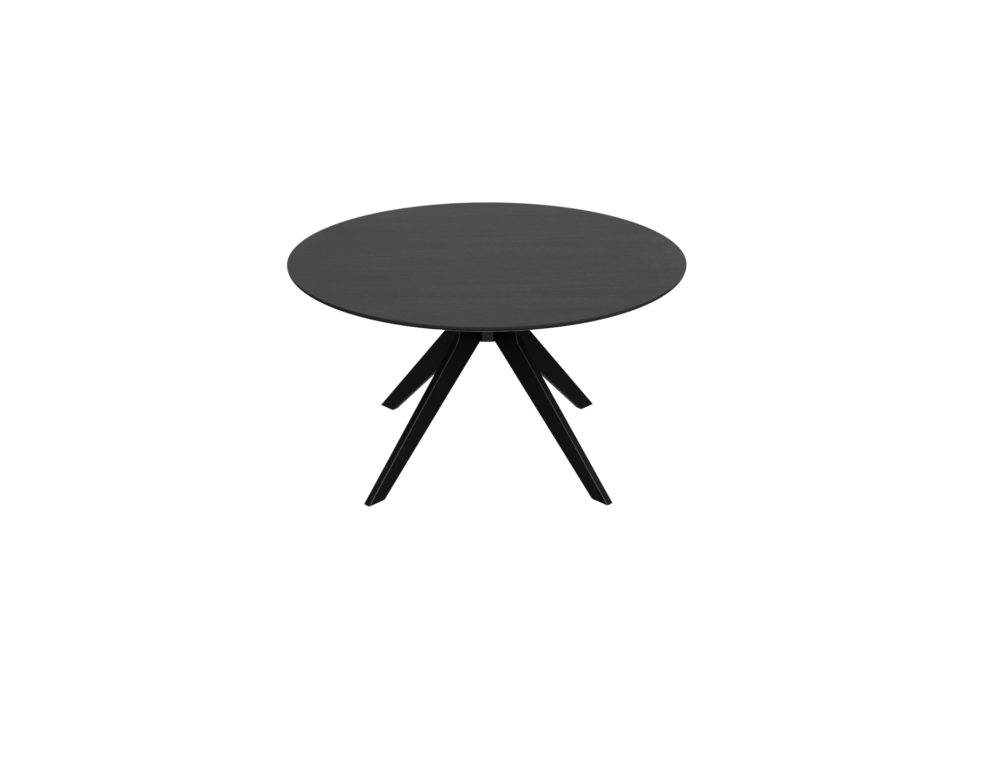 Round oak dining table with arched charcoal frame, showcasing a sleek, circular design perfect for modern dining spaces.