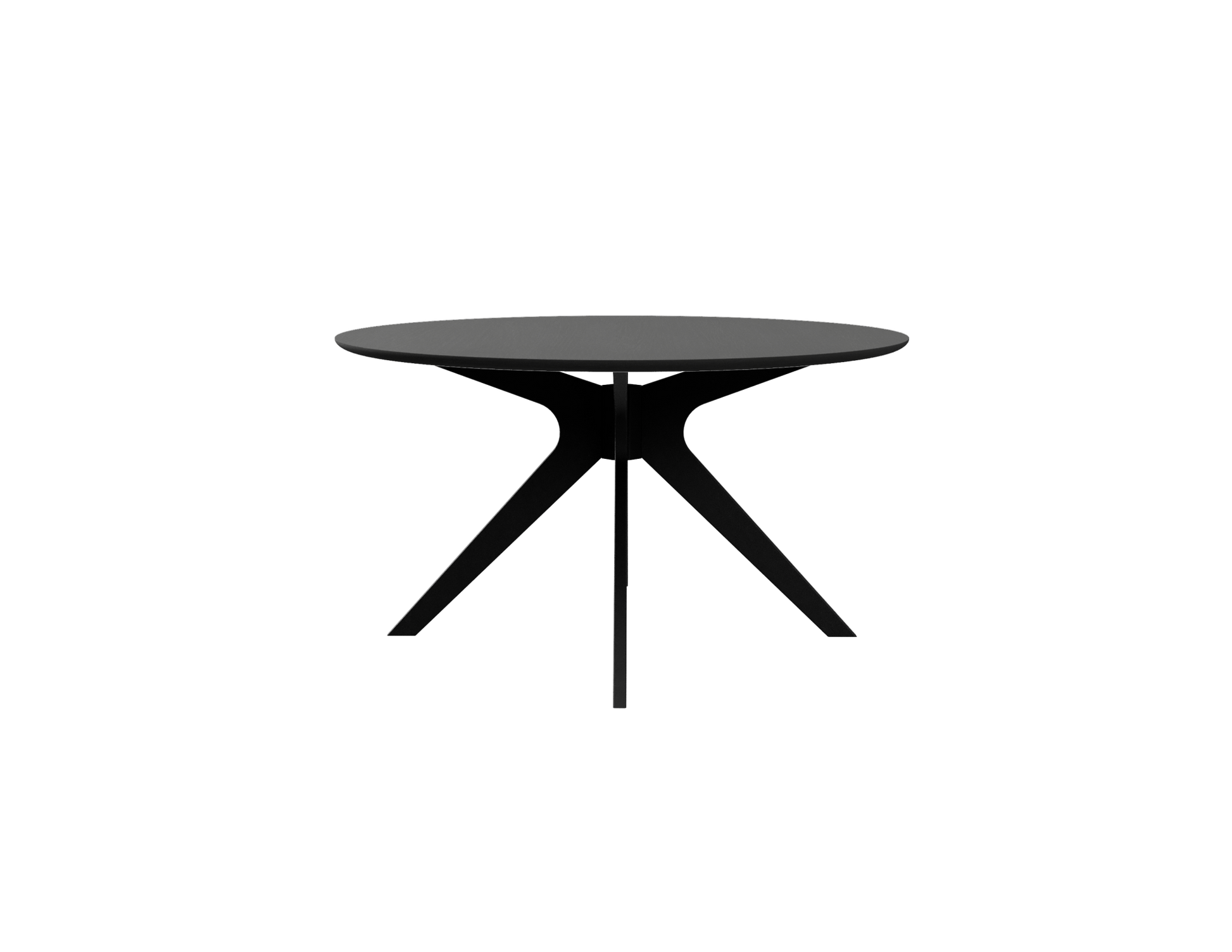 Round oak dining table with charcoal finish and arched frame, featuring a sleek, modern design for contemporary dining rooms.