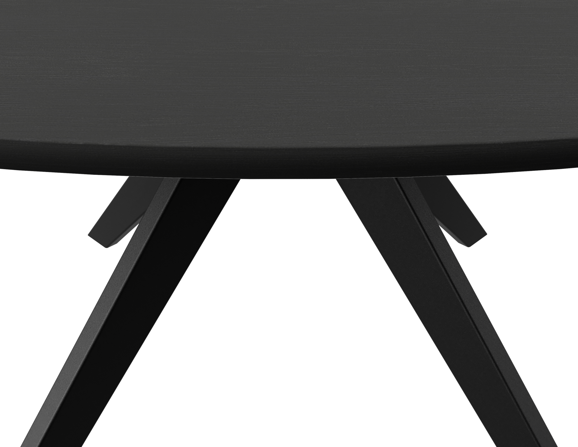 Round oak dining table with charcoal finish and arched frame, showcasing a sleek, modern design for contemporary dining spaces.