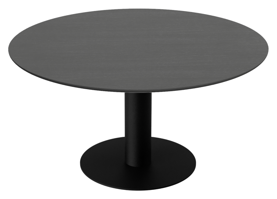 Round oak dining table in charcoal with a center leg, showcasing a sleek, circular design perfect for modern dining spaces.