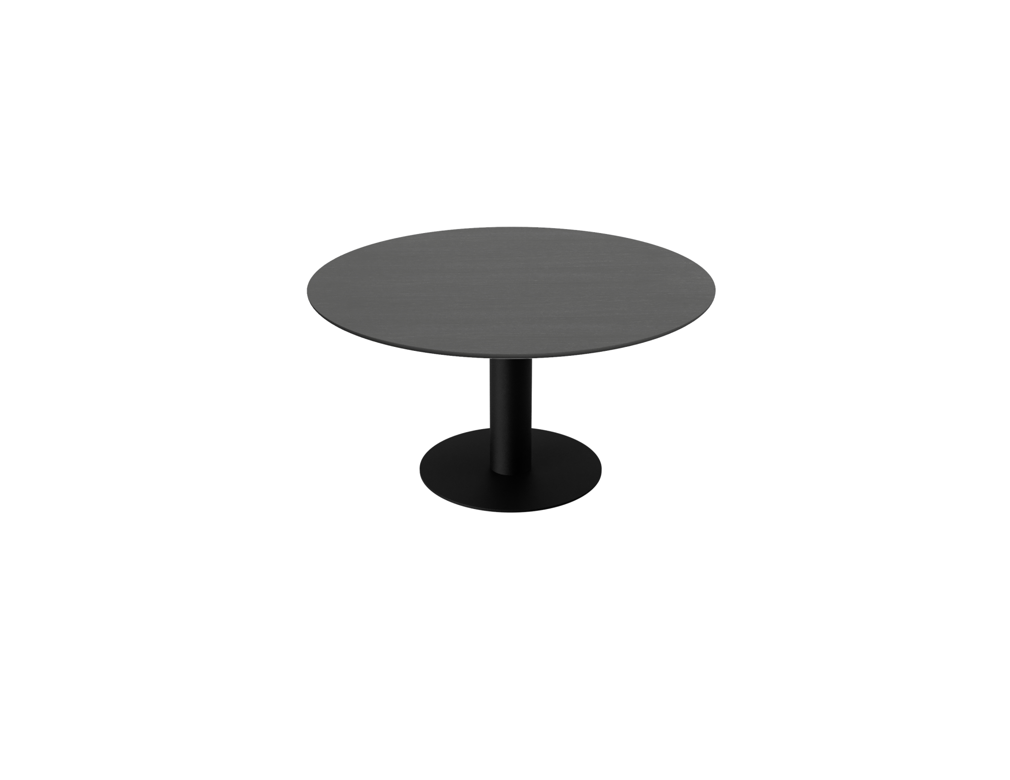 Round oak dining table in charcoal finish with a central leg, showcasing a sturdy and stylish design ideal for dining spaces.
