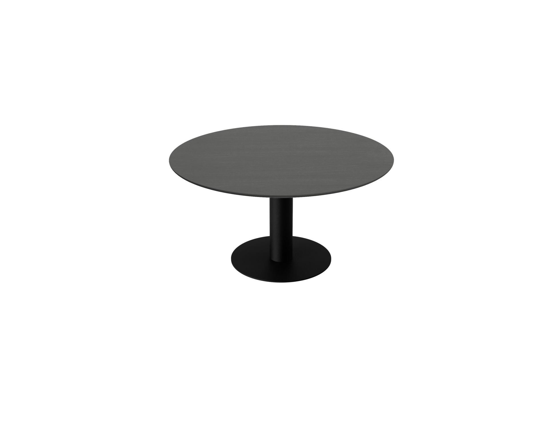 Round oak dining table in charcoal finish with a central leg, showcasing a sturdy and stylish design ideal for dining spaces.