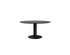 Round oak dining table with charcoal finish and center leg, showcasing a sleek, modern design for contemporary dining spaces.
