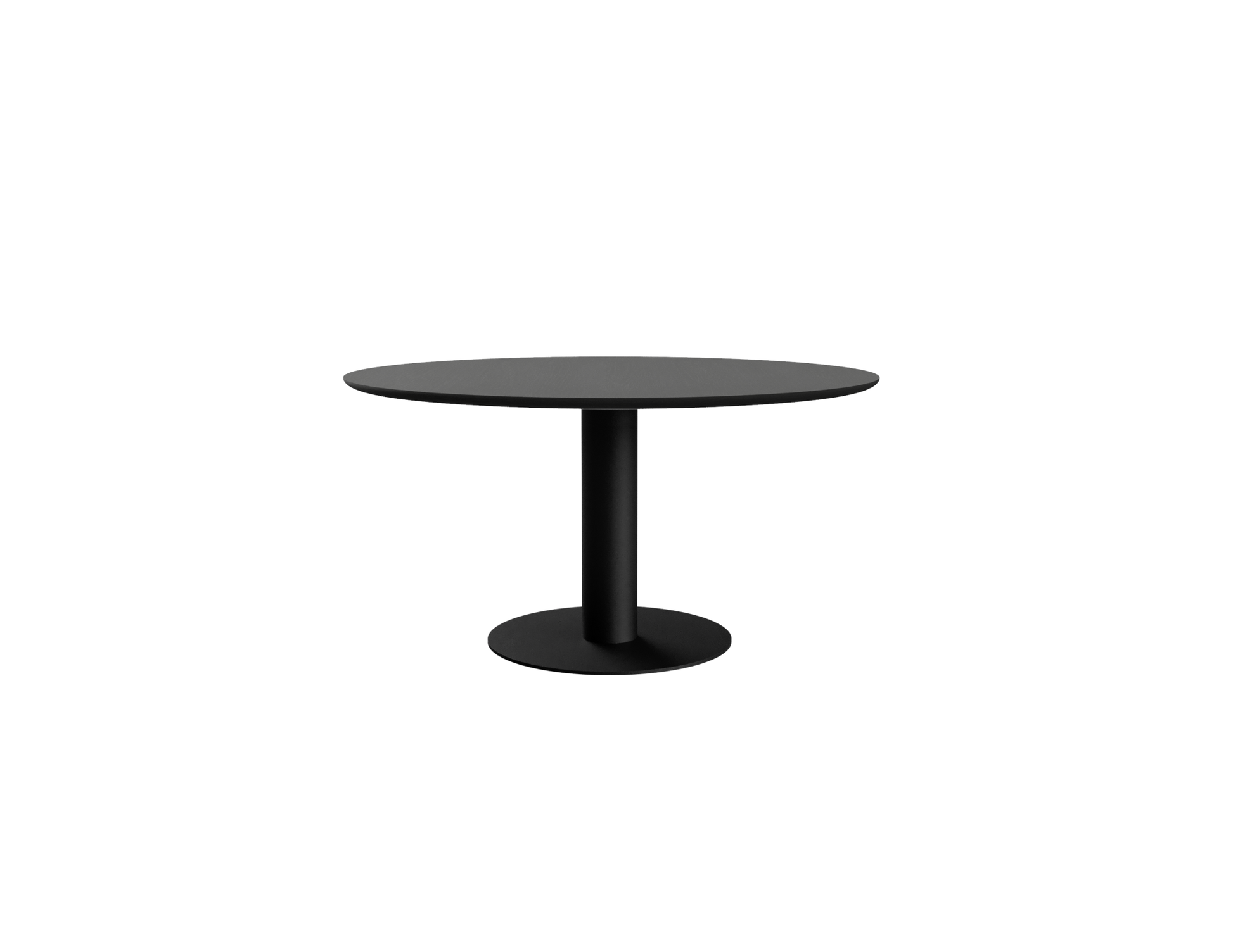 Round oak dining table with charcoal finish and center leg, showcasing a sleek, modern design for contemporary dining spaces.