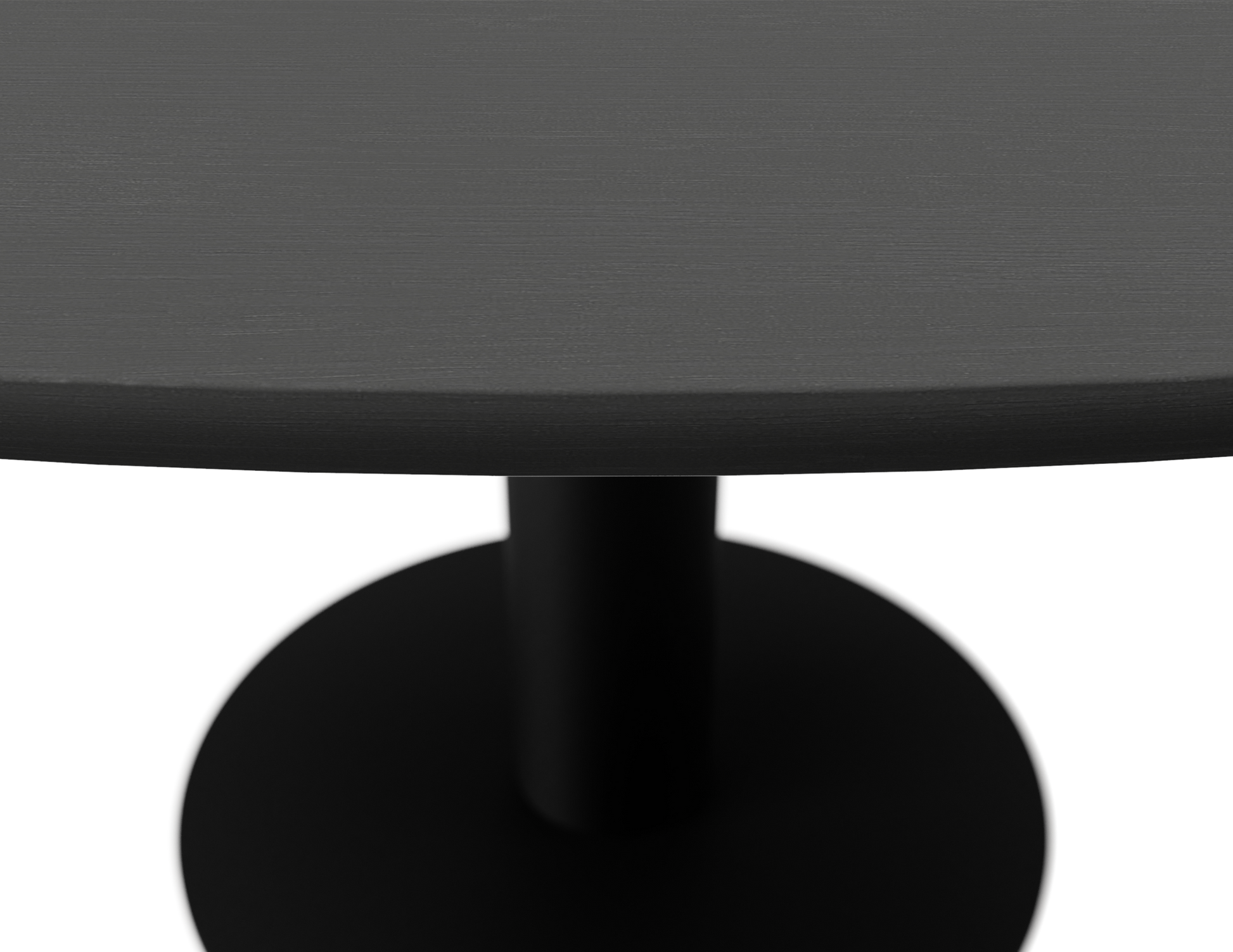 Round oak dining table in charcoal finish with a center leg, ideal for a modern dining room setting.