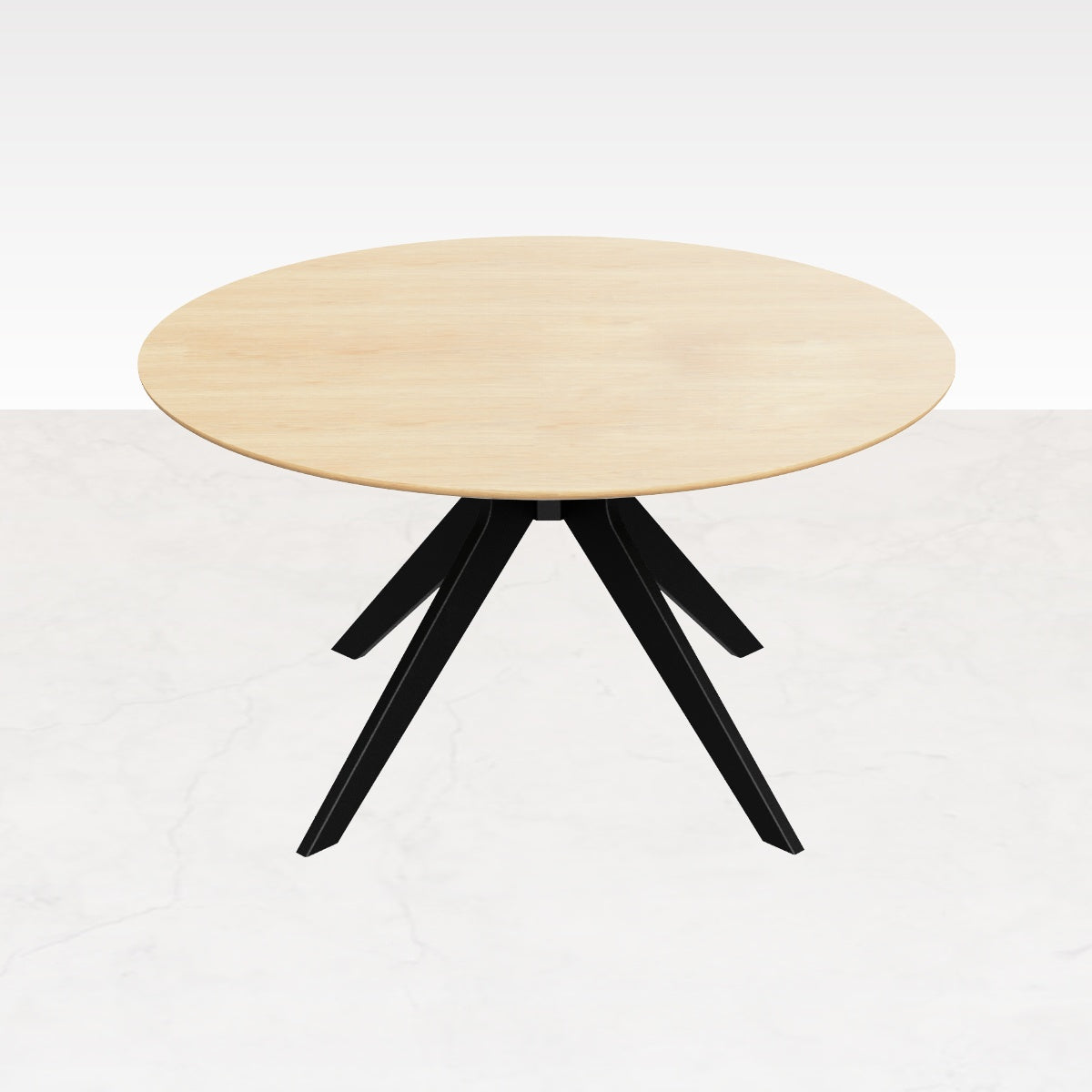 Round oak dining table with natural finish and arched frame, showcasing a sleek, modern design perfect for contemporary dining rooms.