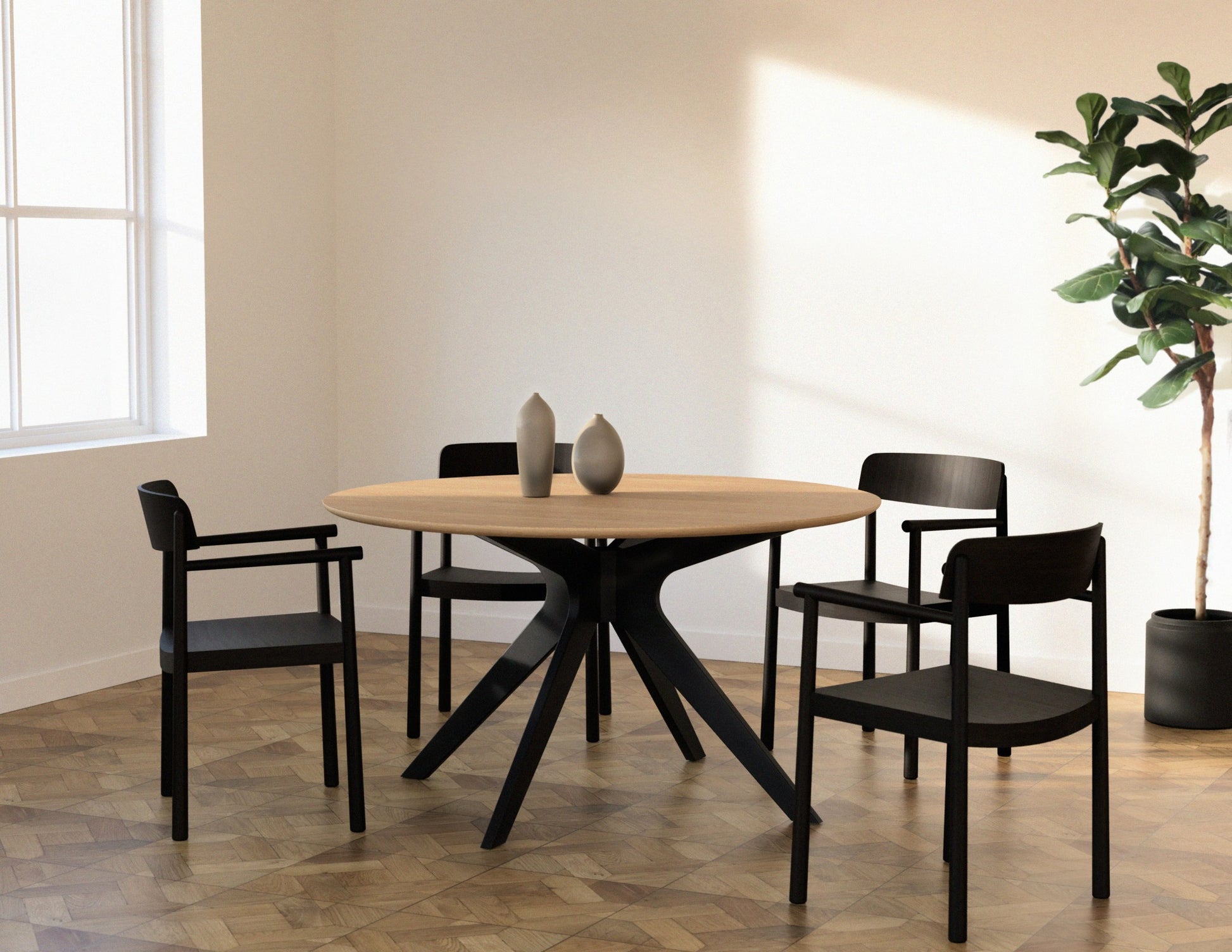 Natural oak round dining table with arched frame, perfect for modern dining rooms, by My Store.