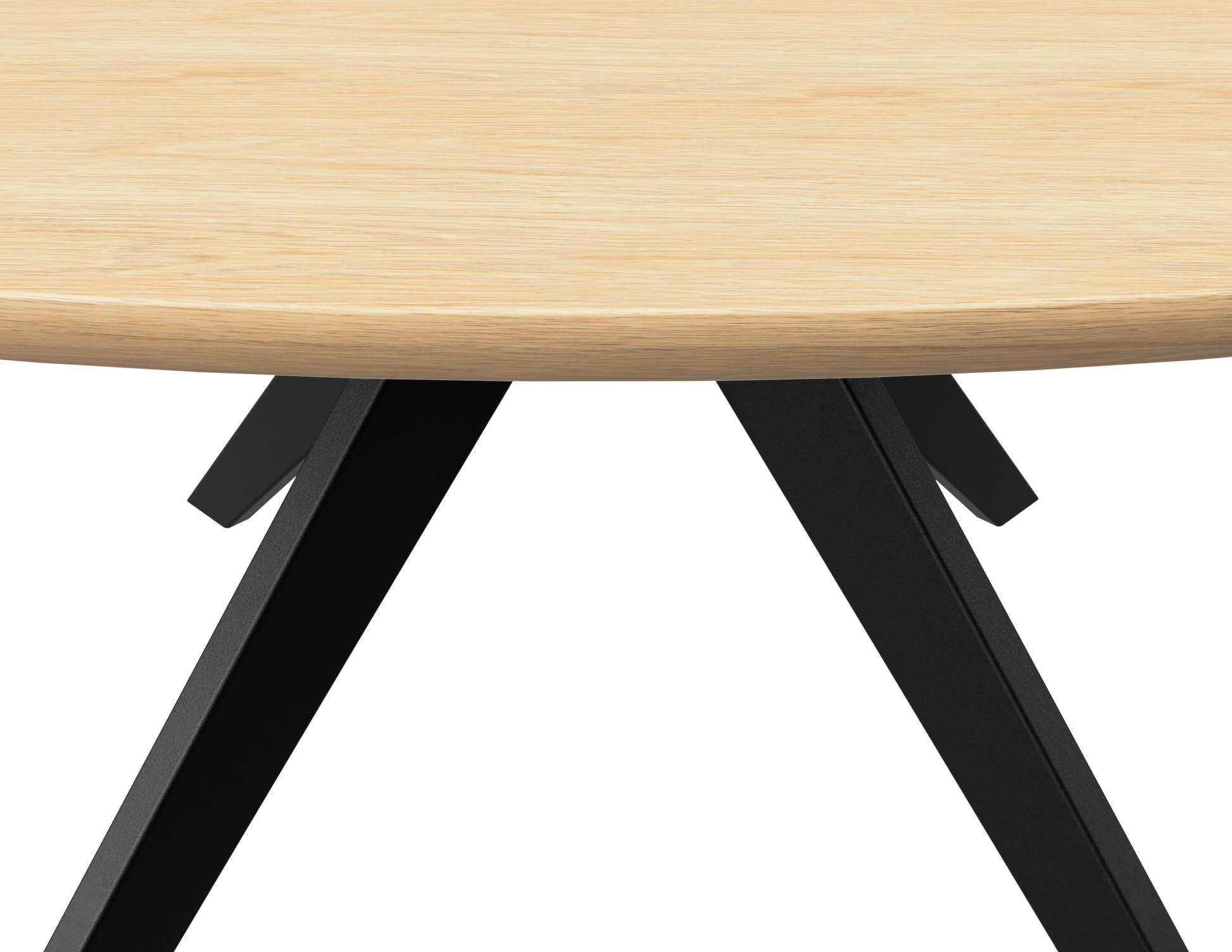 Round oak dining table with natural finish and arched frame, showcasing a sturdy, elegant design for contemporary dining spaces.