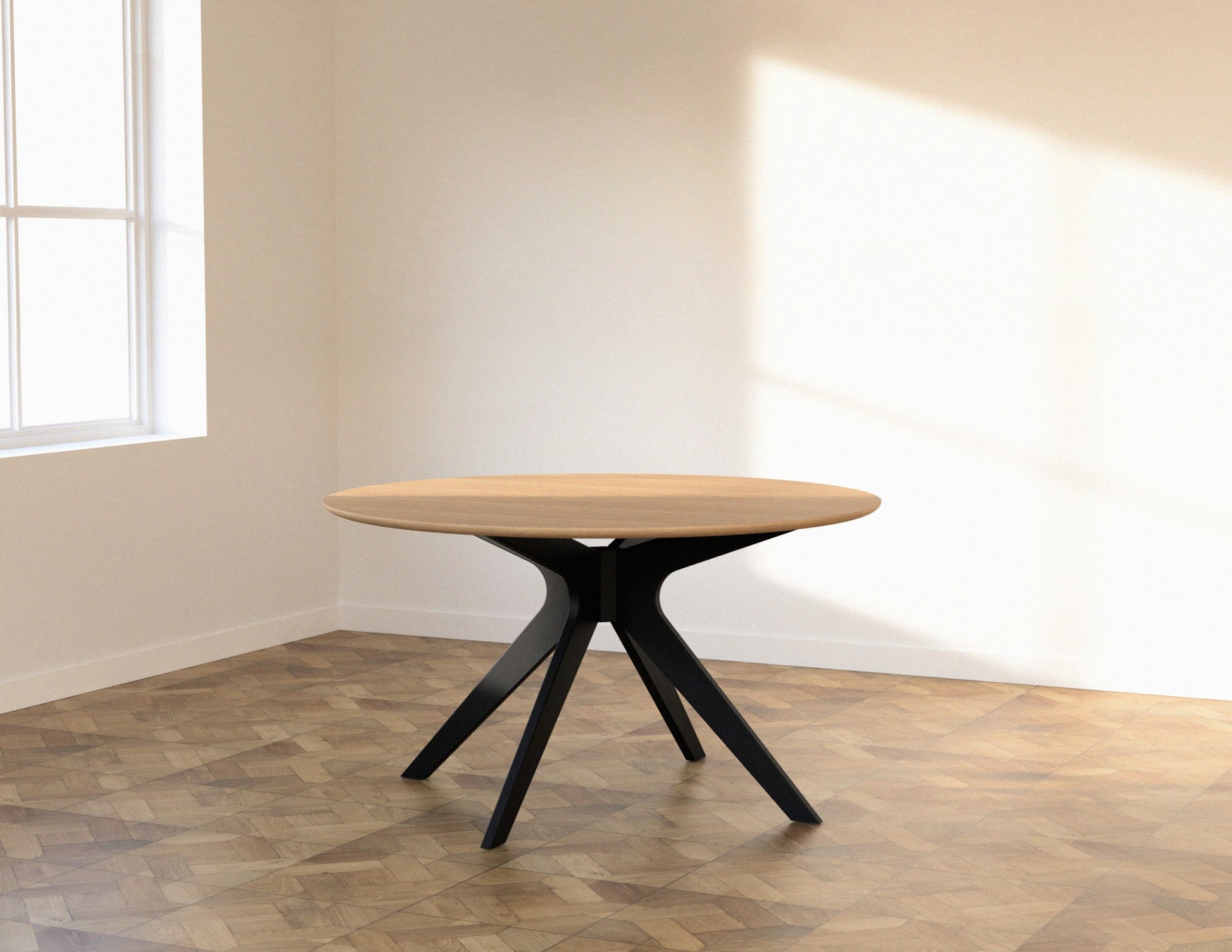 Natural oak round dining table with arched frame, 110 cm diameter, sturdy and stylish for modern dining spaces