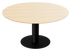 Round oak dining table with natural finish and center leg, ideal for modern dining rooms
