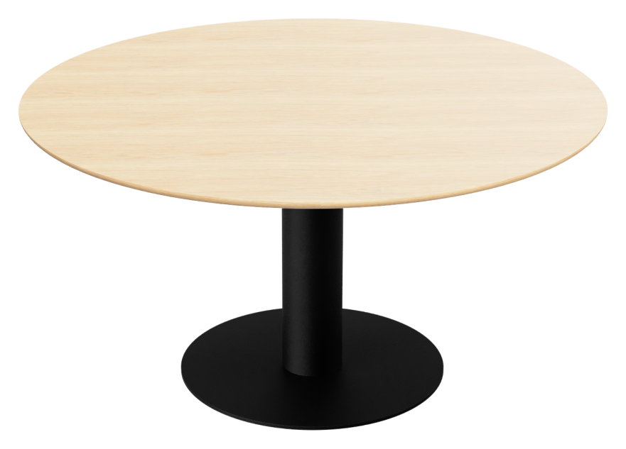 Round oak dining table with natural finish and center leg, ideal for modern dining rooms
