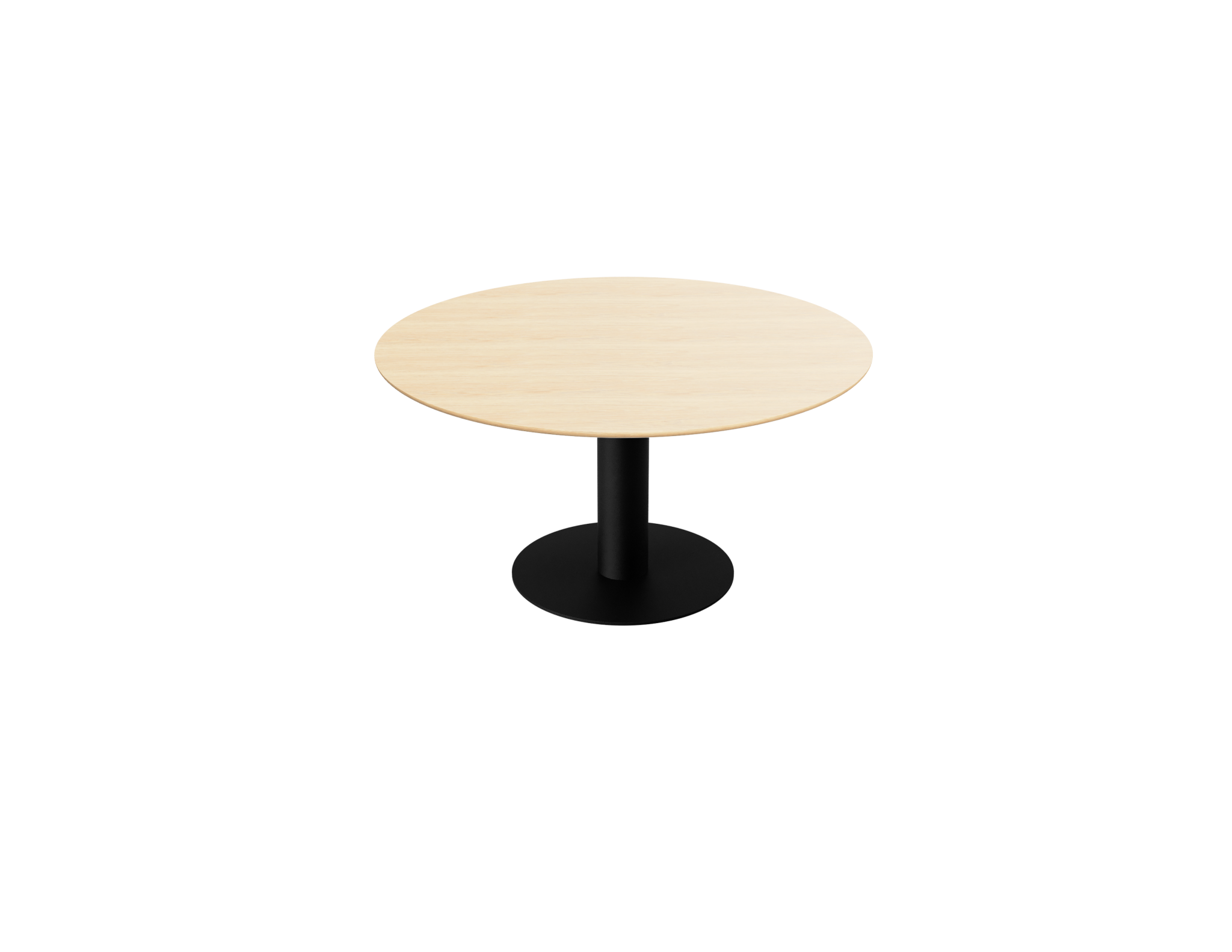 Round oak dining table with natural finish and center leg, ideal for modern dining rooms.