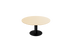Round oak dining table with natural finish and center leg, ideal for modern dining rooms.