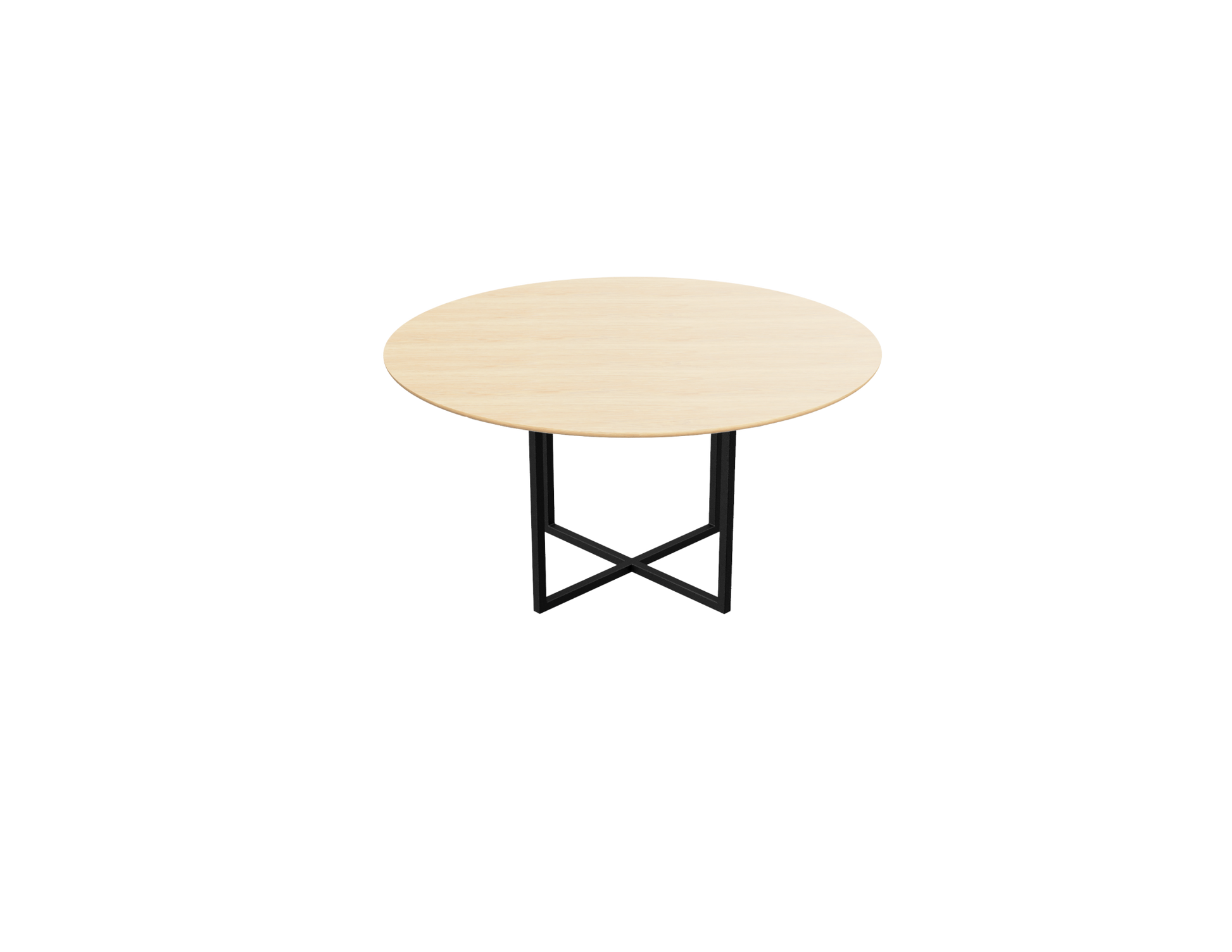 Natural round oak dining table with cross frame, 110 cm diameter, showcasing smooth wooden surface and sturdy construction.