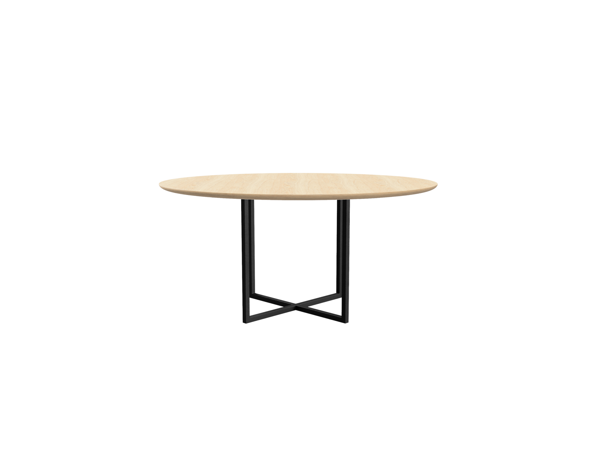 Round oak dining table with natural finish and cross frame design, showcasing its sturdy wooden construction and smooth tabletop.
